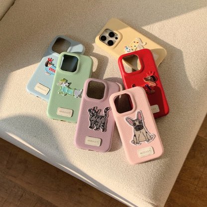Cartoon Embroidered Cat Dog Series Stickers Solid Color Leather Phone Case