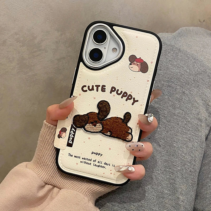 Cute 3D Embroidery Puppy Leather Texture Phone Case