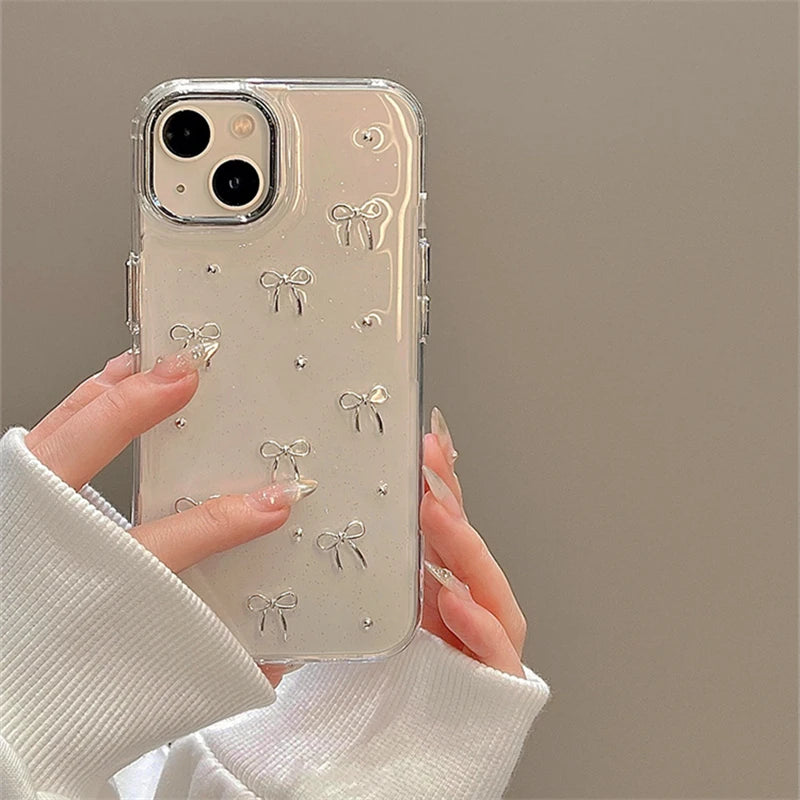 INS Korea Glitter 3D Silver Bow Beads Phone Case