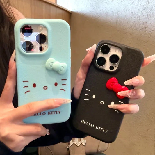 Sweet Hello Kitty Face Bowknot Cartoon Grain Leather Soft Phone Case