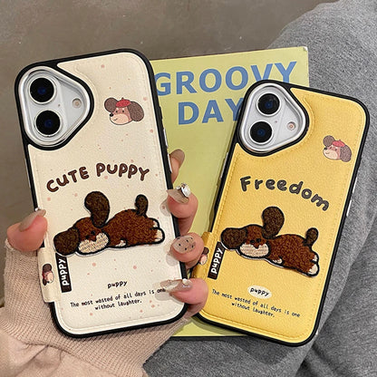 Cute 3D Embroidery Puppy Leather Texture Phone Case