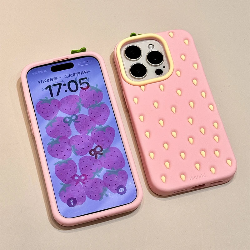 Fashion Cute 3D Pink Strawberry Soft Silicone Phone Case