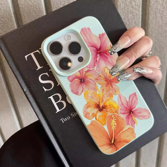 Watercolor Hibiscus Flower Lichee Pattern Silicone Phone Case New