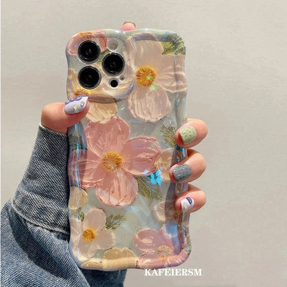 Stylish Phone Case Retro Oil Painting Flower Glossy Cute Floral Wave Border Exquisite Cover