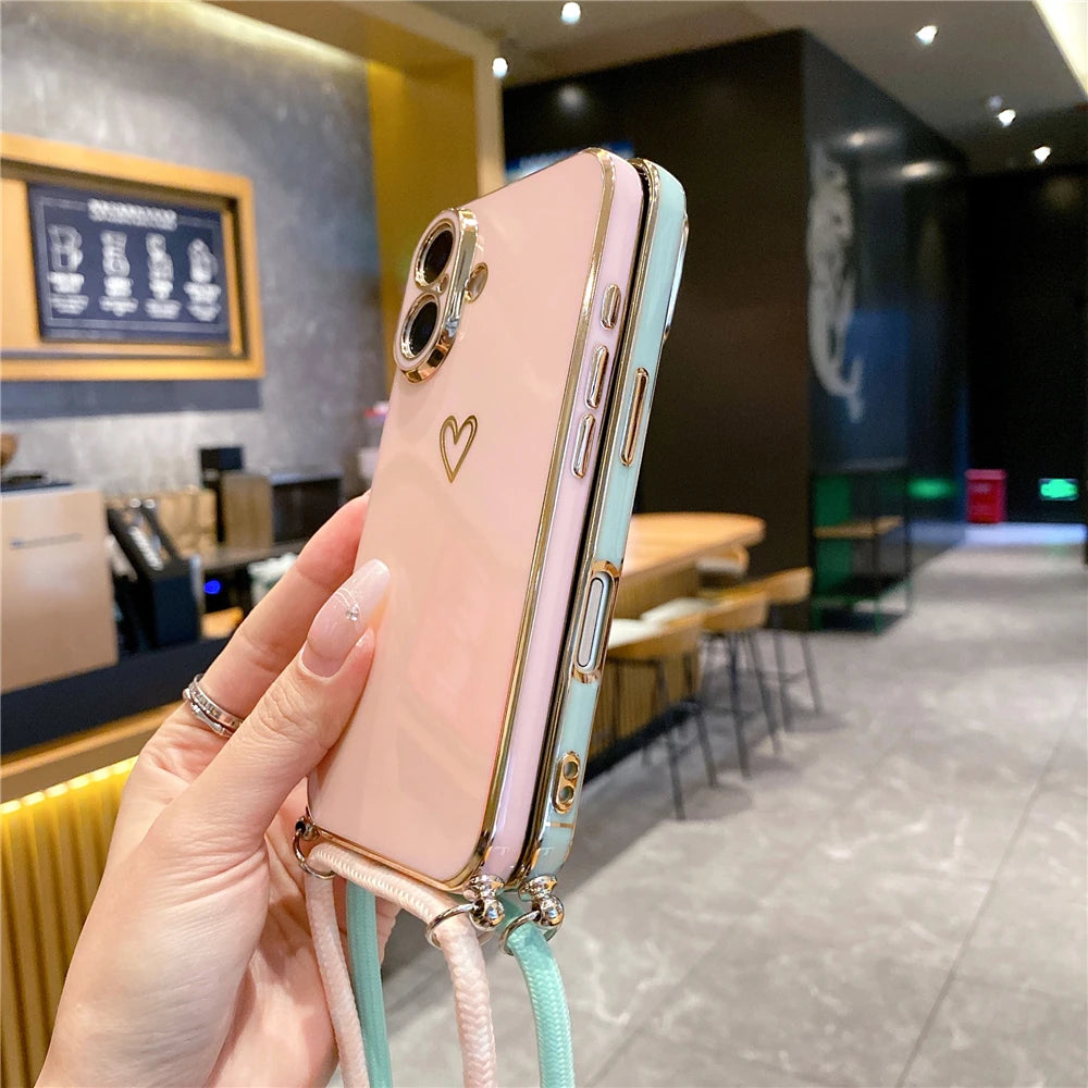 Crossbody Lanyard Cord Plating Love Heart Soft Phone Case