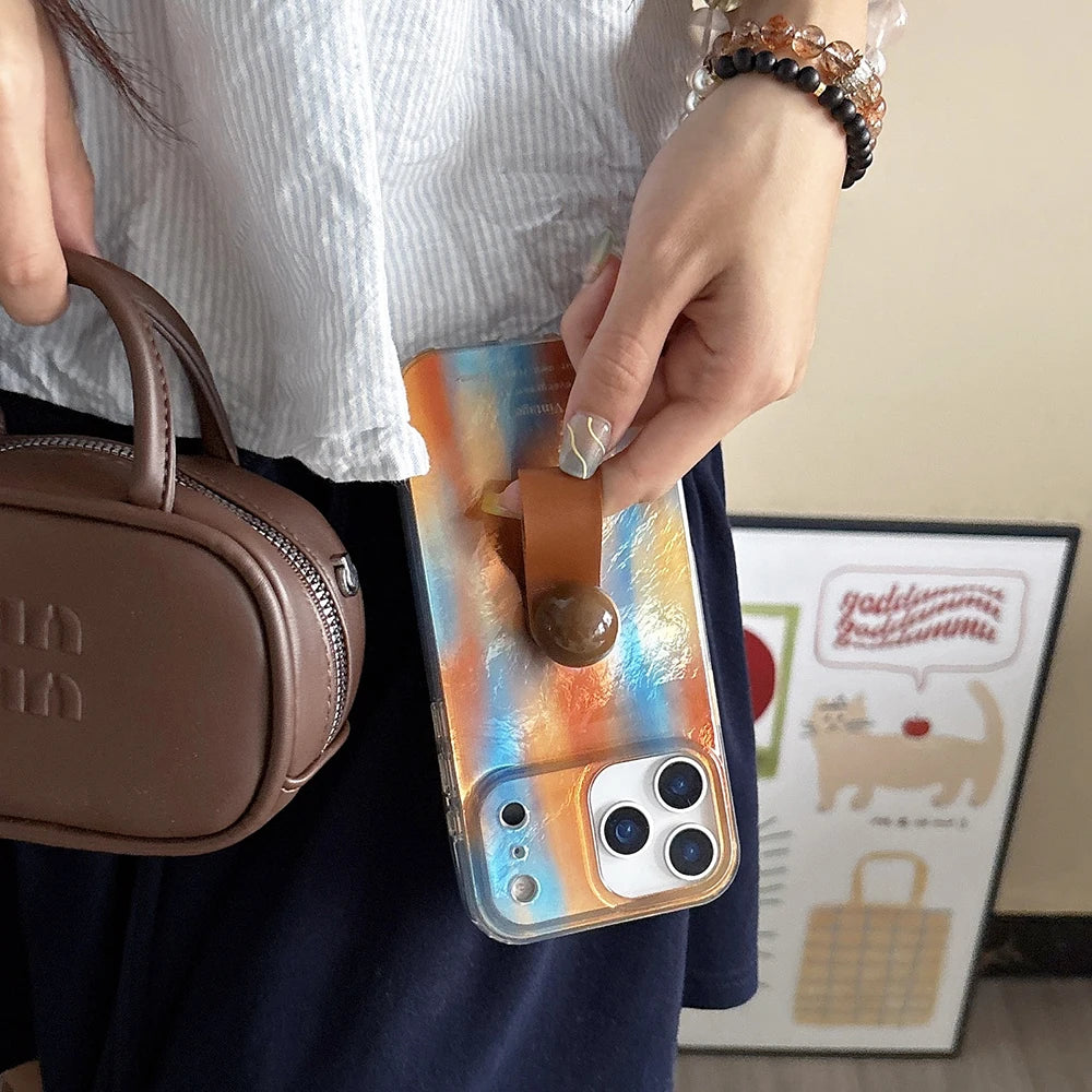 3D Ball Ring Buckle Bracket Leather Blue Orange Smudged Phone Case