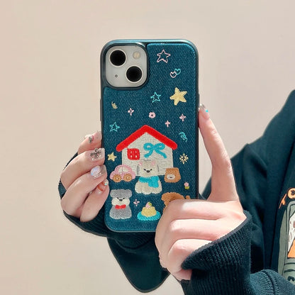 Fashion Denim Fabric Embroidery Puppy Dog Phone Case
