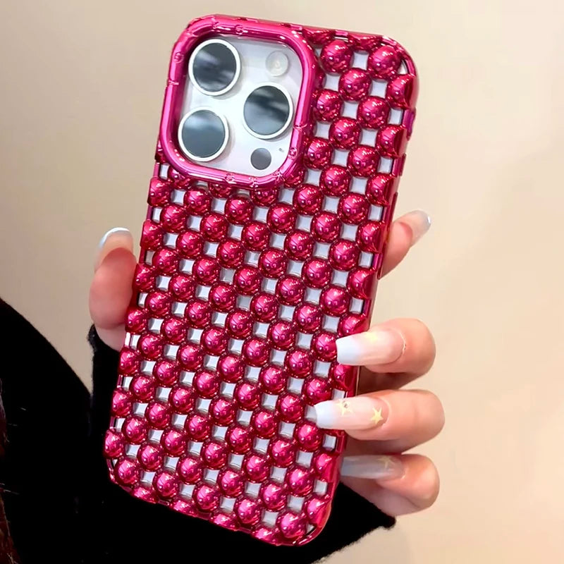 Luxury Plating Red Pearl Round Beads Heart Dissipation Phone Case
