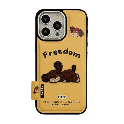 Cute 3D Embroidery Puppy Leather Texture Phone Case