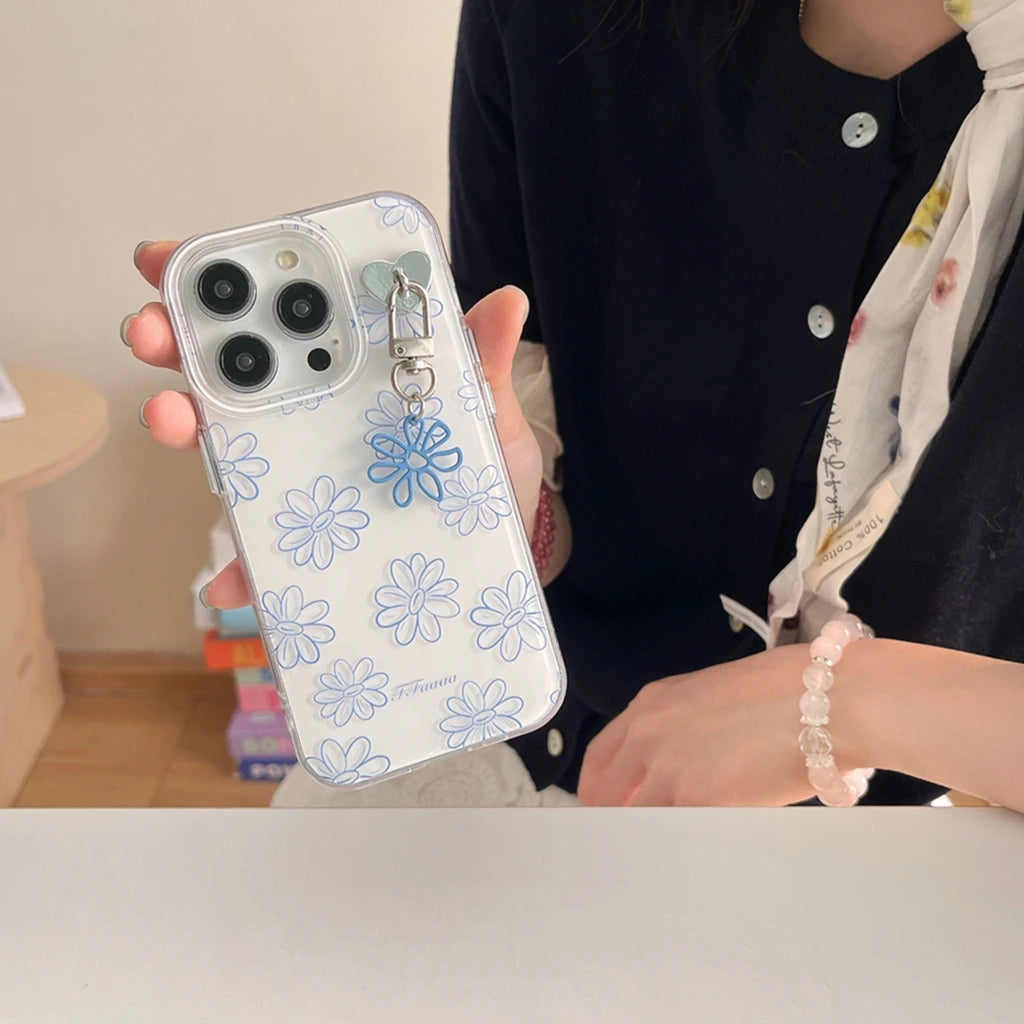 Fresh Full Screen Blue Line Flowers Matte Pendant Shockproof Protective Phone Case