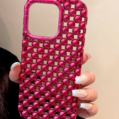 Luxury Plating Red Pearl Round Beads Heart Dissipation Phone Case