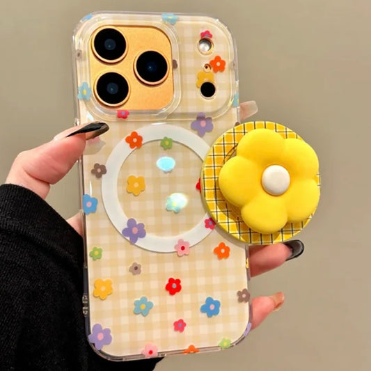 3D Cute Flower Grid Pattern Magnetic Grip Tok Phone Case