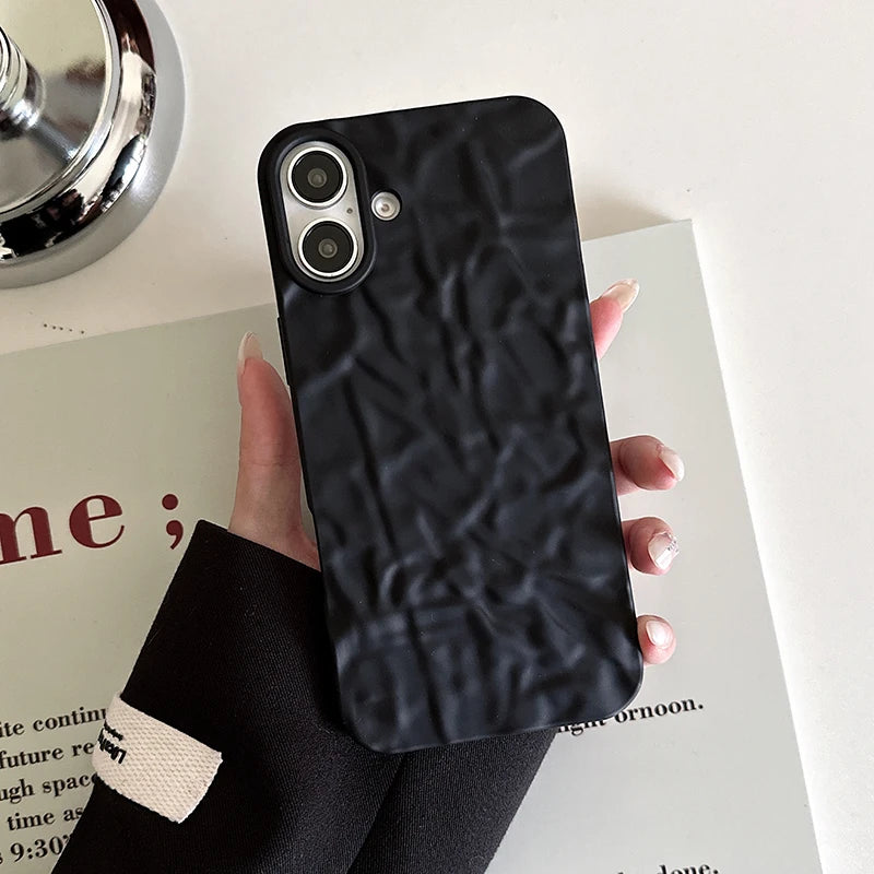 Fashion 3D Wrinkled Tin Foil Texture Matte Black Phone Case