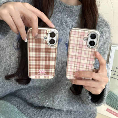 Korean Girly Checker Pattern Electroplated Frame Leather Texture Phone Case