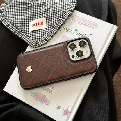 Retro Red Grid Pattern Leather Metal Love Heart Shockproof Protective Phone Case