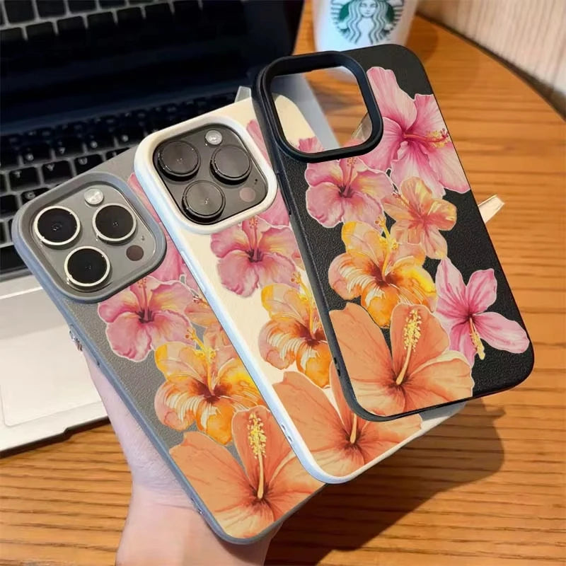 Watercolor Hibiscus Flower Lichee Pattern Silicone Phone Case New