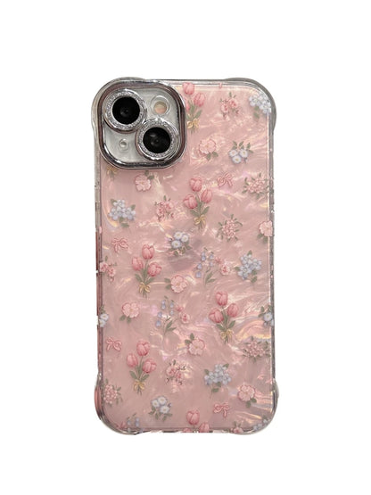 Stylish Illusory Color Shell Pattern Full Screen Tulip Flowers Rhinestone Lens Phone Case