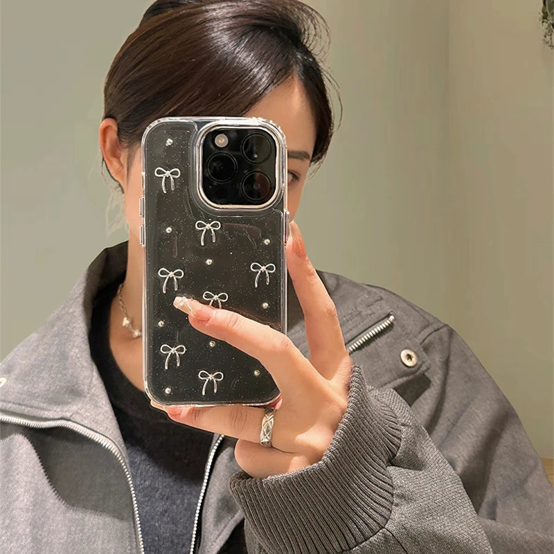 INS Korea Glitter 3D Silver Bow Beads Phone Case