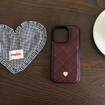 Retro Red Grid Pattern Leather Metal Love Heart Shockproof Protective Phone Case