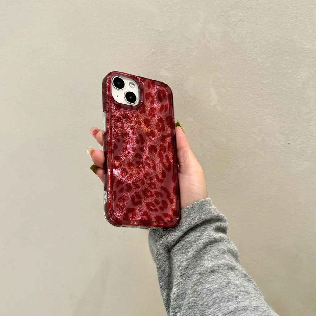 Retro Illusory Color Red Leopard Print Glitter Shockproof Protective Phone Case