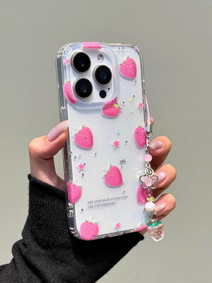 Glitter Strawberry with 3D Dangle Shockproof Cute Chic Phone Case