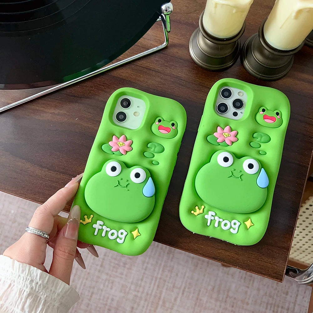 Funny 3D Cartoon Frog Bracket Soft Silicone Phone Case