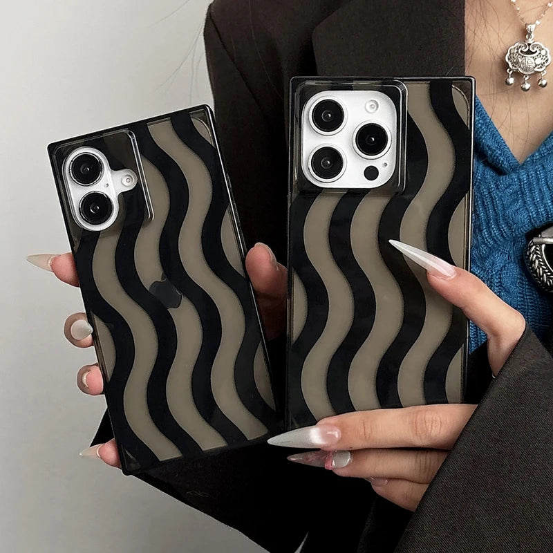 Ins Rectangular Edge Black Wavy Stripes Shockproof Phone Case