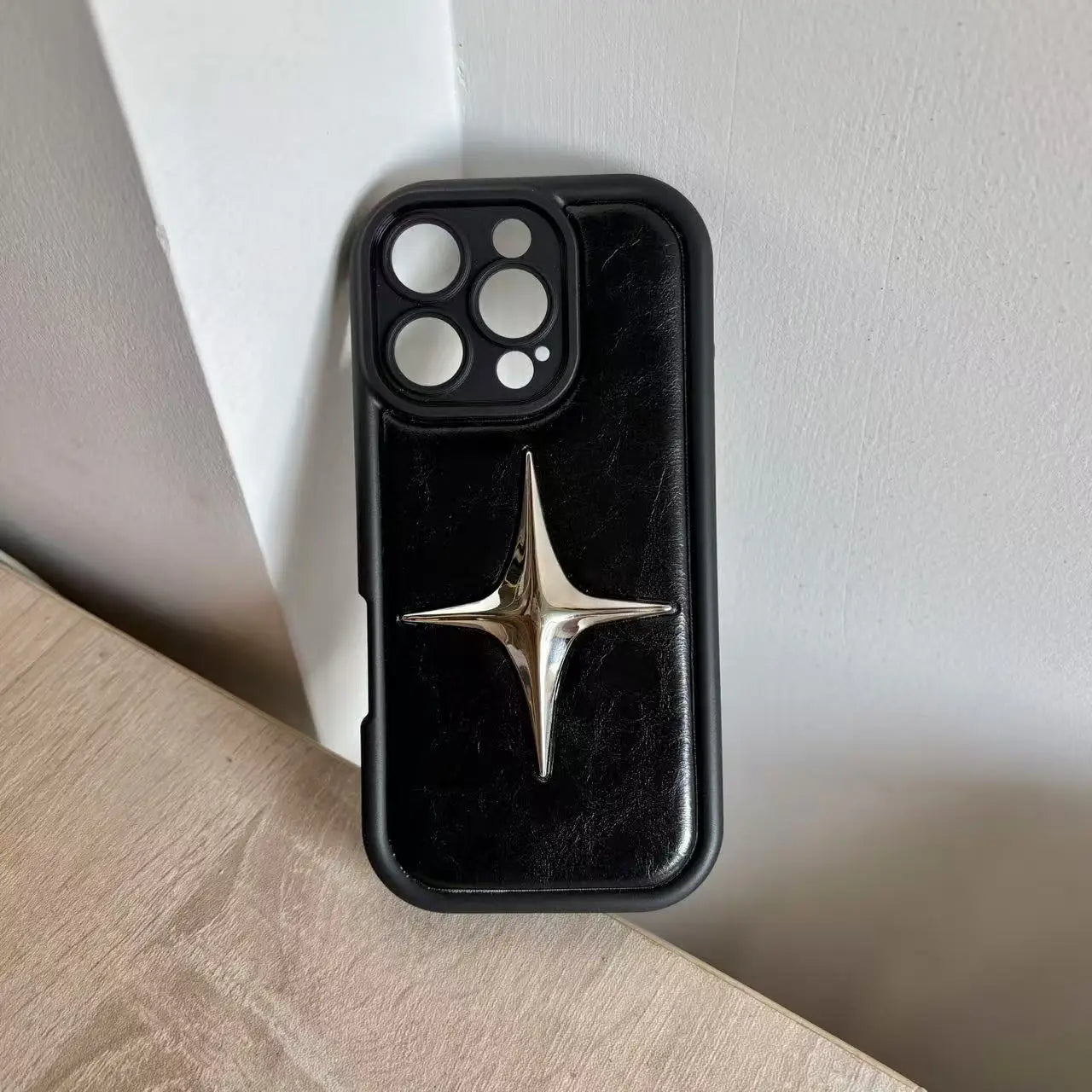 Retro Advanced Stereoscopic Silvery Star Black Leather Shock Proof Phone Case