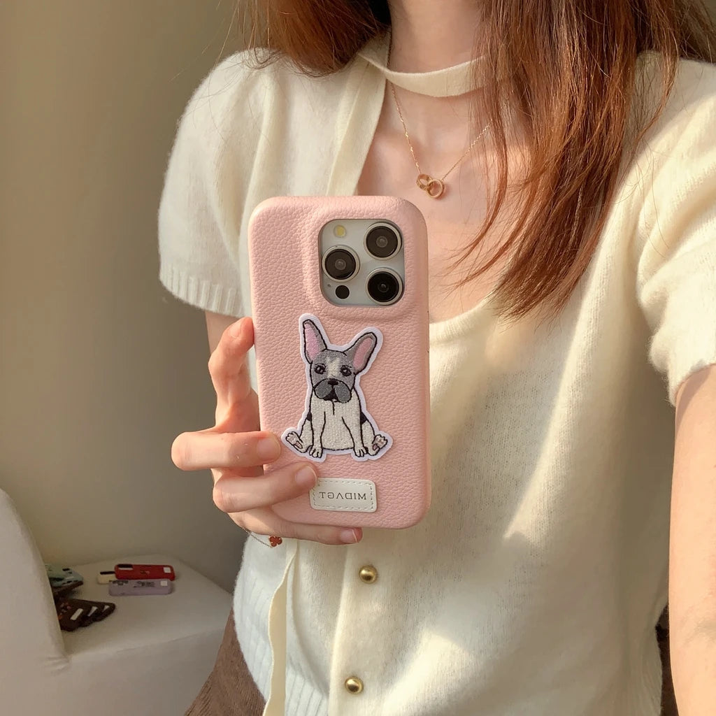 Cartoon Embroidered Cat Dog Series Stickers Solid Color Leather Phone Case