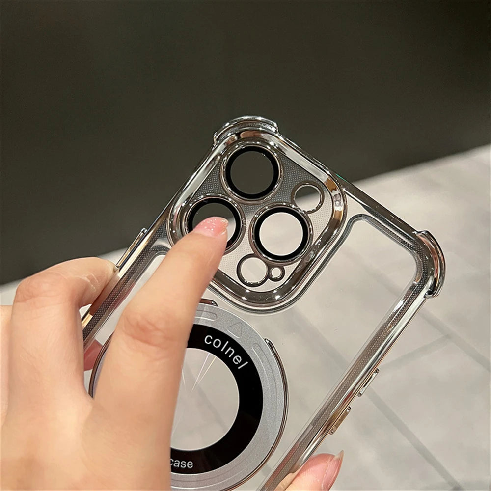 Luxury Plating Shockproof Magnetic Bracket For Magsafe Clear Phone Case