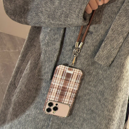 Stylish Brown Matte Grid Pattern Big Window Leather Lanyard Phone Case