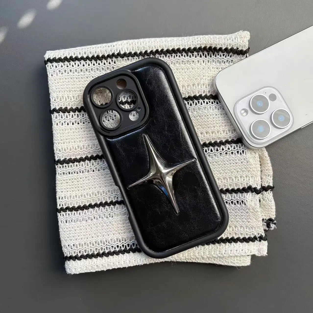 Retro Advanced Stereoscopic Silvery Star Black Leather Shock Proof Phone Case