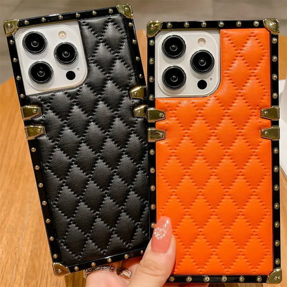 Luxury Plaid Lambskin Leather Shockproof Phone Case for iPhone