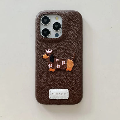Cartoon Embroidered Cat Dog Series Stickers Solid Color Leather Phone Case