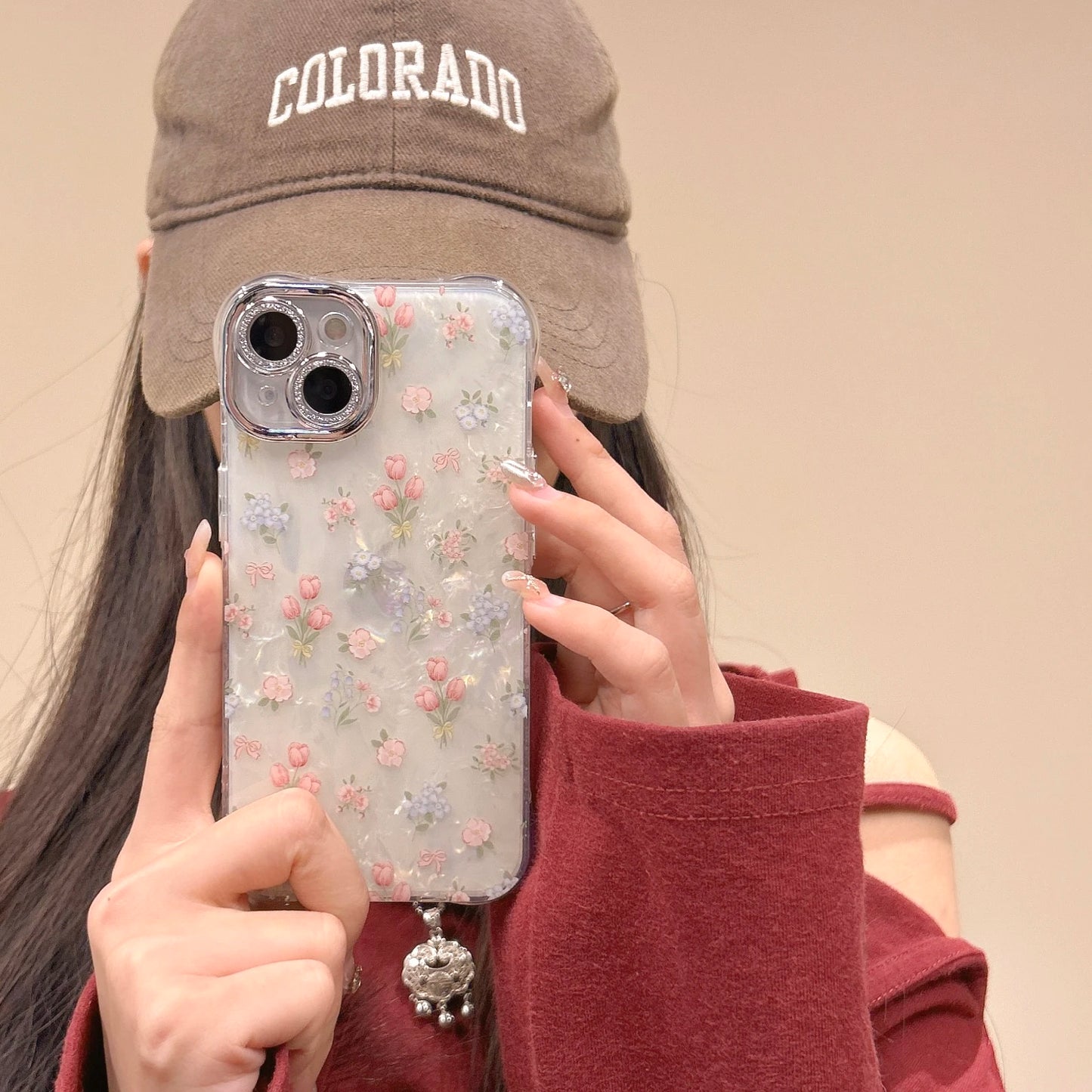 Stylish Illusory Color Shell Pattern Full Screen Tulip Flowers Rhinestone Lens Phone Case