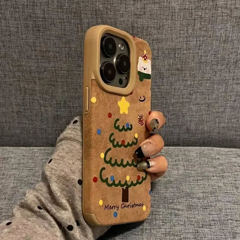 Cute Bear And Star Design Christmas Tree Faux Leather Phone Case
