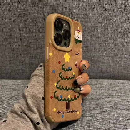 Cute Bear And Star Design Christmas Tree Faux Leather Phone Case