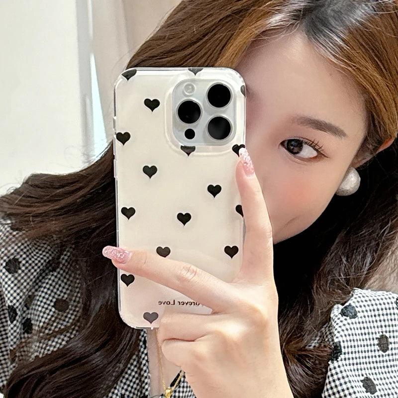 Fashion Black Love Heart Polka Dot Flowers Phone Case