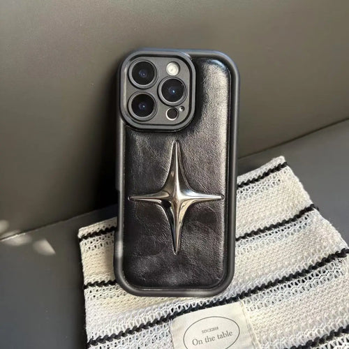 Retro Advanced Stereoscopic Silvery Star Black Leather Shock Proof Phone Case