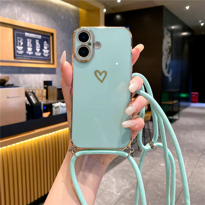 Crossbody Lanyard Cord Plating Love Heart Soft Phone Case