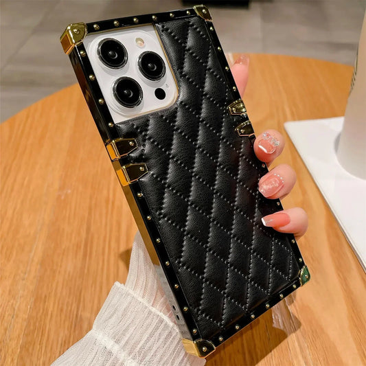 Luxury Plaid Lambskin Leather Shockproof Phone Case for iPhone
